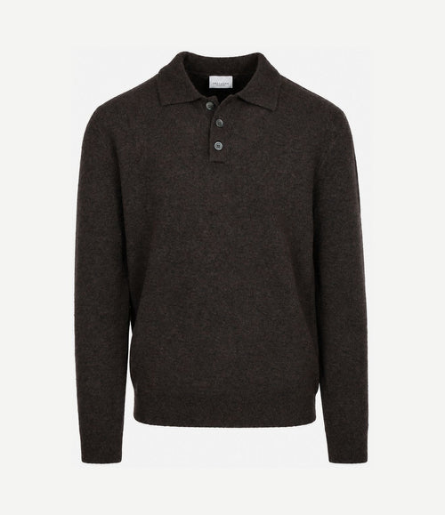 Longsleeve poloshirt boiled wool bruin