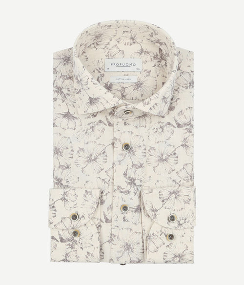 Profuomo overhemd bloemenprint beige | Slim-fit