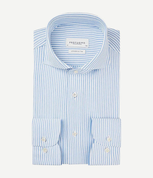 Profuomo overhemd japanese knitted blauw strepen | Slim-fit