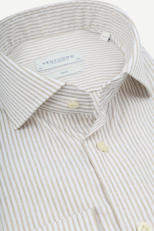 Profuomo shirt extra lange mouwen travel streep beige | Slim-fit