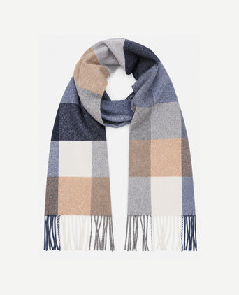 Sjaal lamswol ruiten blauw grijs beige