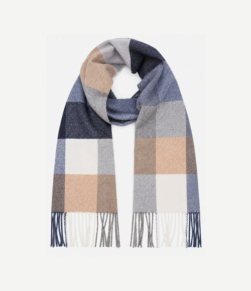 Sjaal lamswol ruiten blauw grijs beige