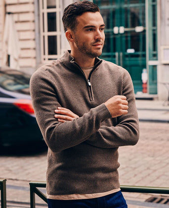 Suitable halve rits trui patch taupe | Slim-fit