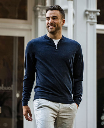 Suitable crew zip merino donkerblauw | Slim-fit