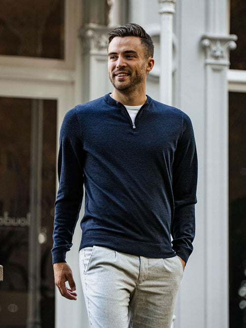 Suitable crew zip merino donkerblauw | Slim-fit