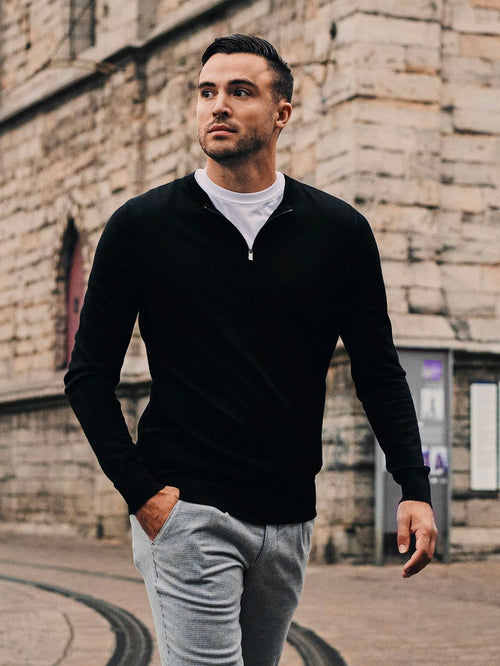 Suitable crew zip merino zwart | Slim-fit
