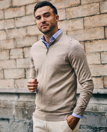Suitable crew zip merino sand | Slim-fit