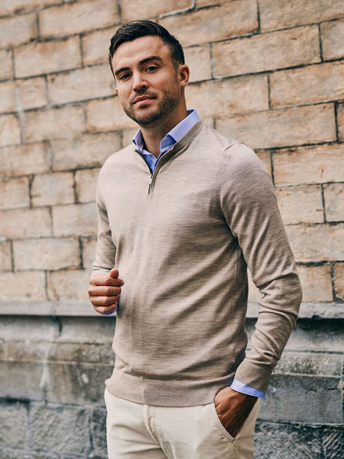 Suitable crew zip merino sand | Slim-fit