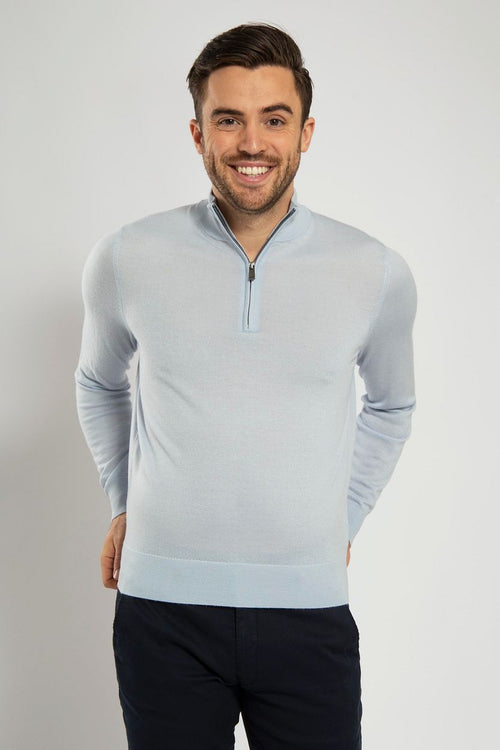 Merino halve rits trui lichtblauw