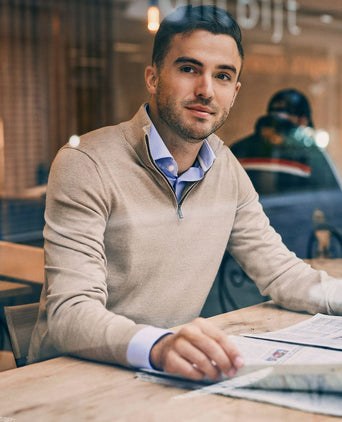 Suitable merino halve rits trui sand | Slim-fit