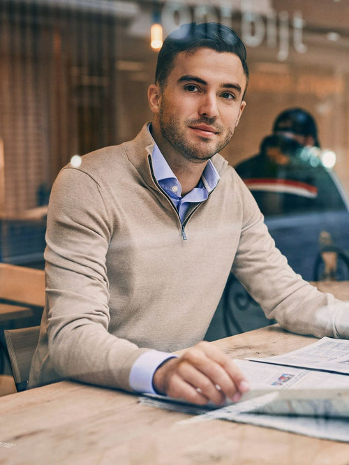 Suitable merino halve rits trui sand | Slim-fit