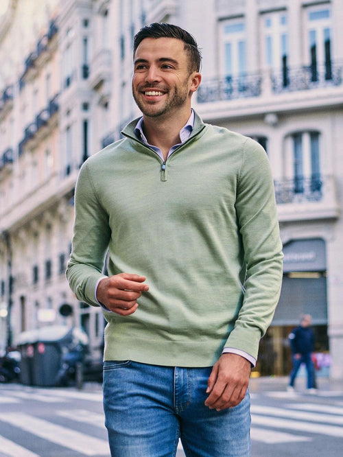 Merino halve rits trui lichtgroen