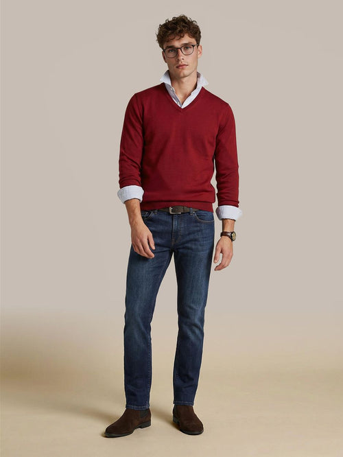 Suitable merino pullover v-hals donkerrood | Slim-fit