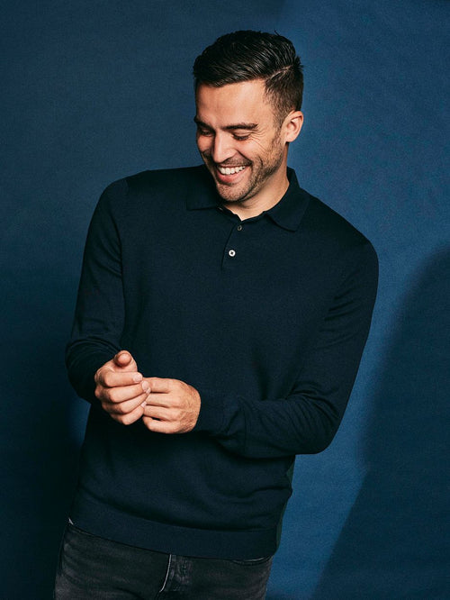 Longsleeve poloshirt flat knit donkerblauw