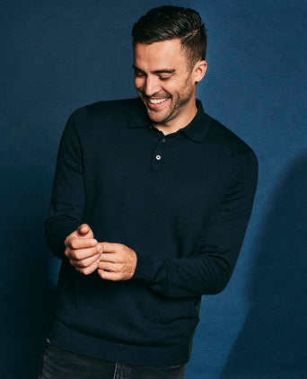 Longsleeve poloshirt flat knit donkerblauw