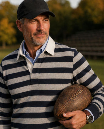 Rugby polo streep donkerblauw grijs