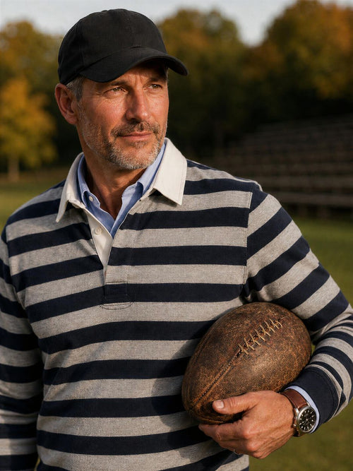 Rugby polo streep donkerblauw grijs