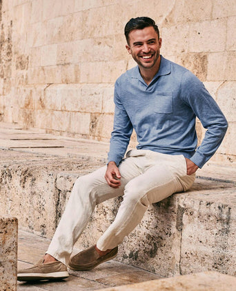Longsleeve knitted poloshirt riva pocket lichtblauw