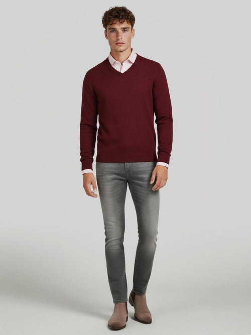 Trui v-hals lamswol bordeaux