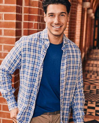 Overhemd linen cotton checks blauw sand