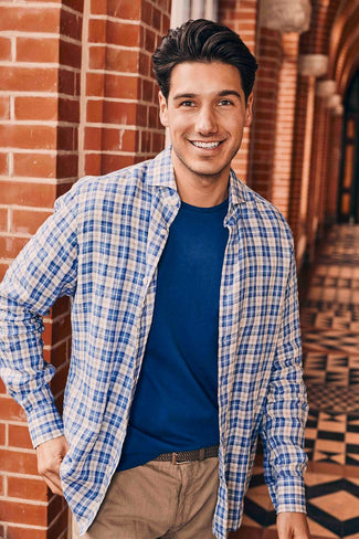 Overhemd linen cotton checks blauw sand Overhemd linen cotton checks blauw sand