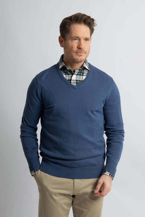 Trui cotton cashmere v-hals indigo blauw