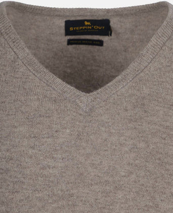 Pullover v-hals merinowol taupe