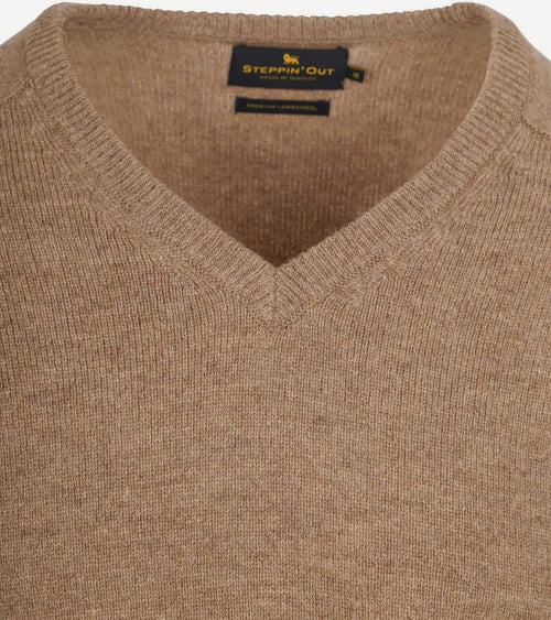 Trui v-hals lamswol camel