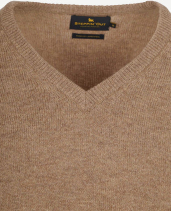 Trui v-hals lamswol camel