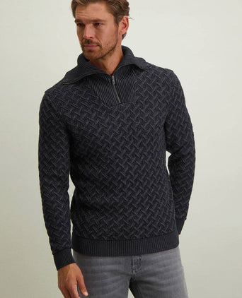 State of Art halve rits trui melange donkerblauw | Regular-fit