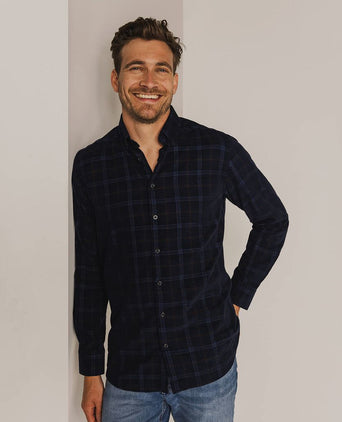 State of Art overhemd fine corduroy ruit donkerblauw | Regular-fit