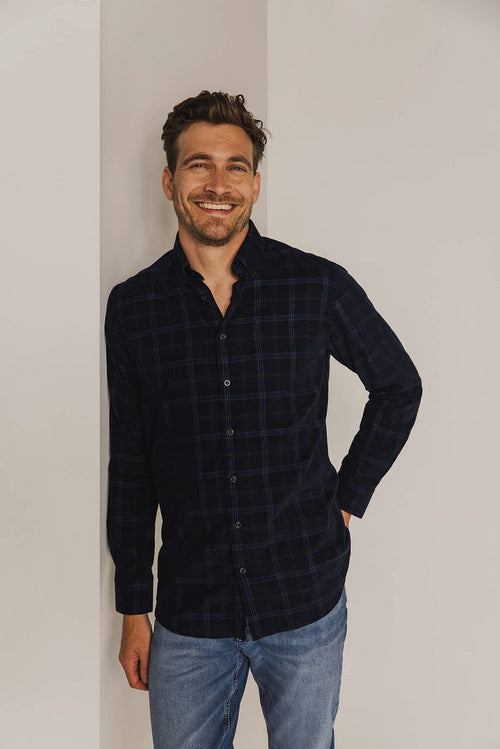 State of Art overhemd fine corduroy ruit donkerblauw | Regular-fit