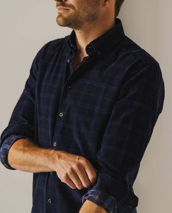 State of Art overhemd fine corduroy ruit donkerblauw | Regular-fit