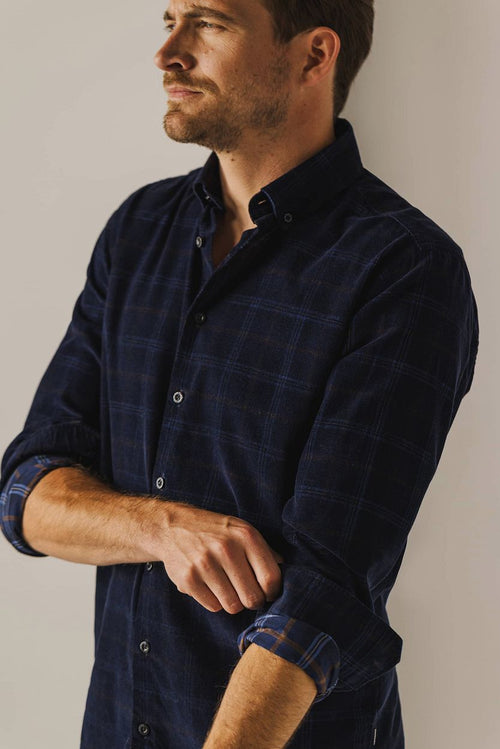 State of Art overhemd fine corduroy ruit donkerblauw | Regular-fit