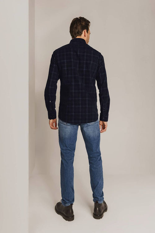 State of Art overhemd fine corduroy ruit donkerblauw | Regular-fit