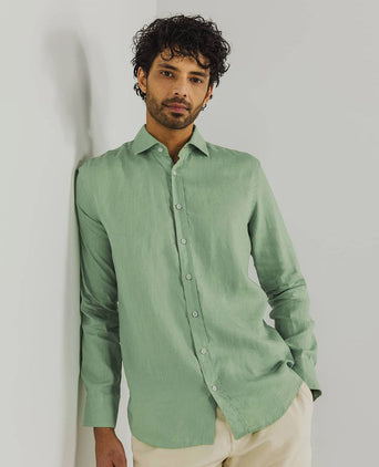 State of Art overhemd linnen groen | Regular-fit