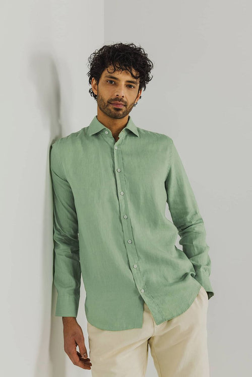 State of Art overhemd linnen groen | Regular-fit