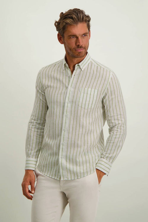 State of Art overhemd linnen streep groen | Regular-fit