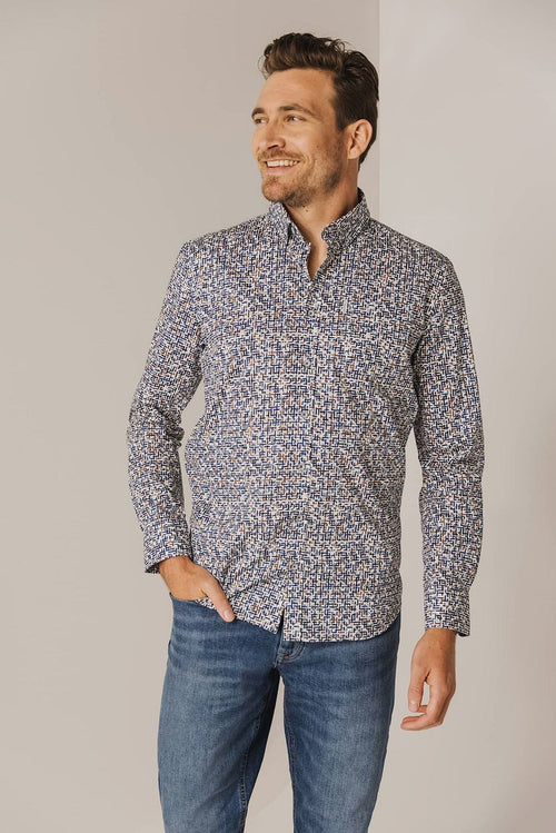 State of Art overhemd poplin print blauw rood | Regular-fit