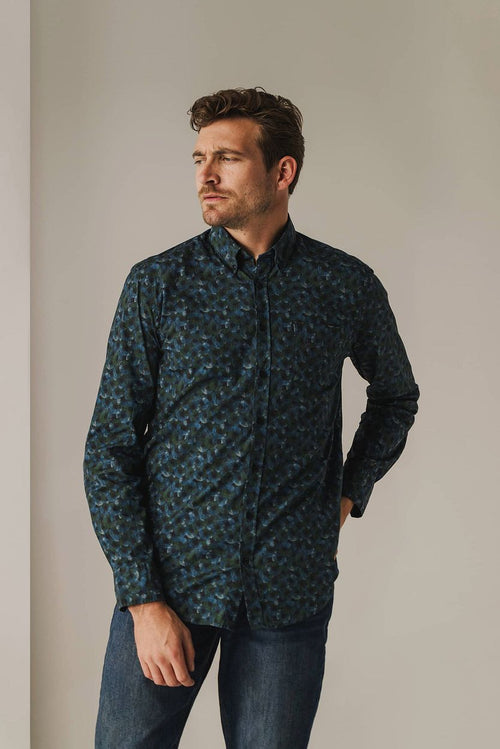 State of Art overhemd poplin print donkerblauw groen | Regular-fit