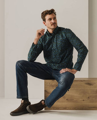 State of Art overhemd poplin print donkerblauw groen | Regular-fit