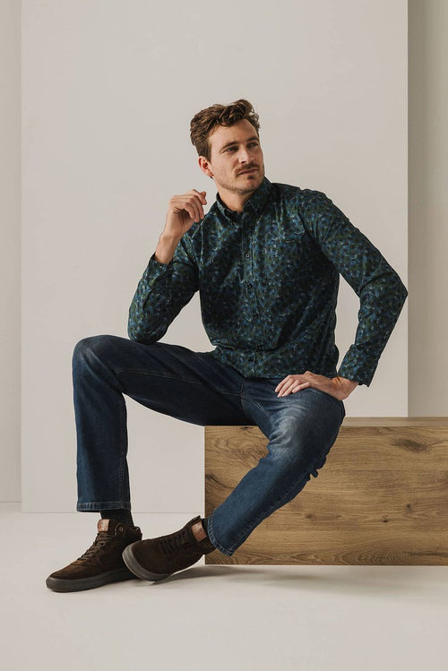 State of Art overhemd poplin print donkerblauw groen | Regular-fit