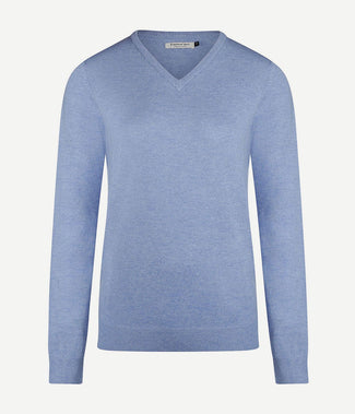 Dames pullover v-hals merinowol mid blauw Dames pullover v-hals merinowol mid blauw