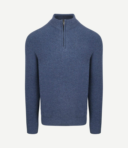 halve rits trui lamswol mid blauw