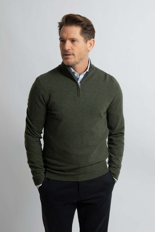 Steppin' Out halve rits trui merinowol olijfgroen | Regular-fit