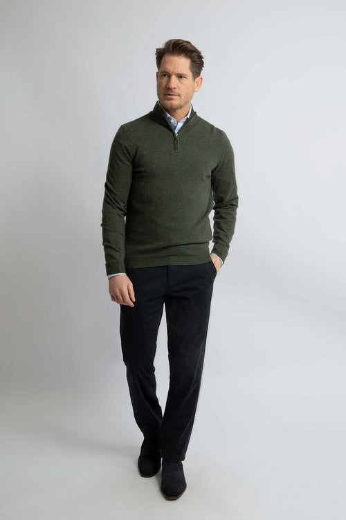 Steppin' Out halve rits trui merinowol olijfgroen | Regular-fit