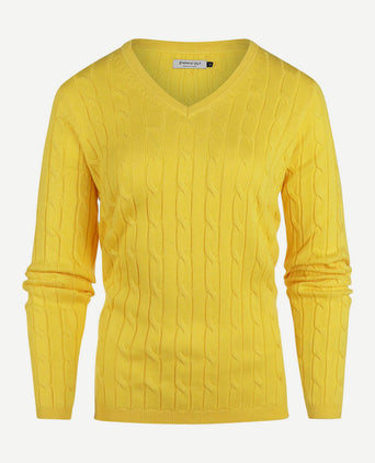 Steppin' Out kabeltrui dames v-hals geel | Slim-fit