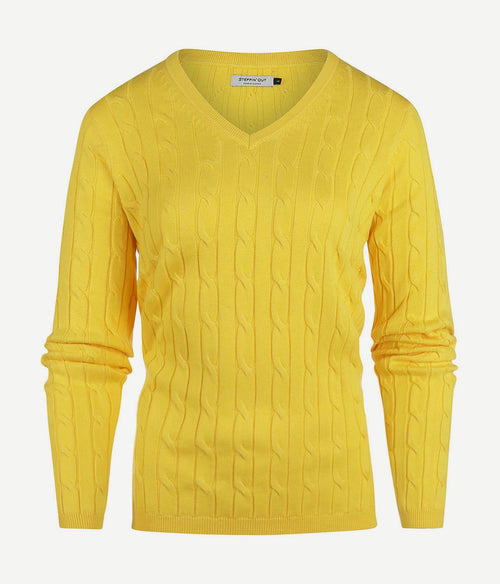 Steppin' Out kabeltrui dames v-hals geel | Slim-fit