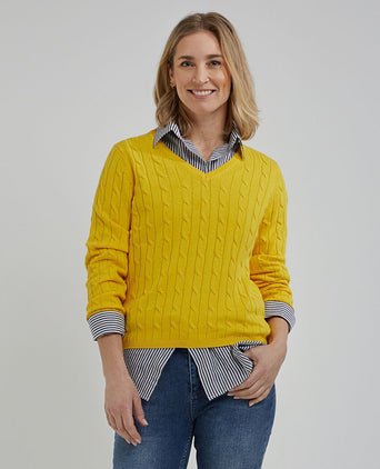 Steppin' Out kabeltrui dames v-hals geel | Slim-fit
