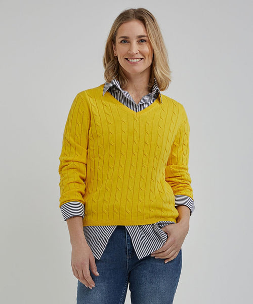 Steppin' Out kabeltrui dames v-hals geel | Slim-fit
